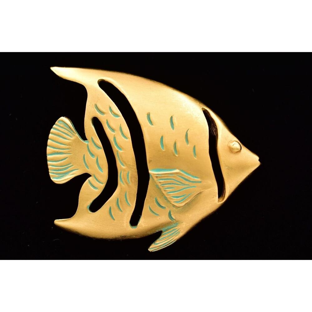 Givenchy Vintage Angel Fish Pin Brooch Brushed Gold Teal Big Chunky 1980s BinBP